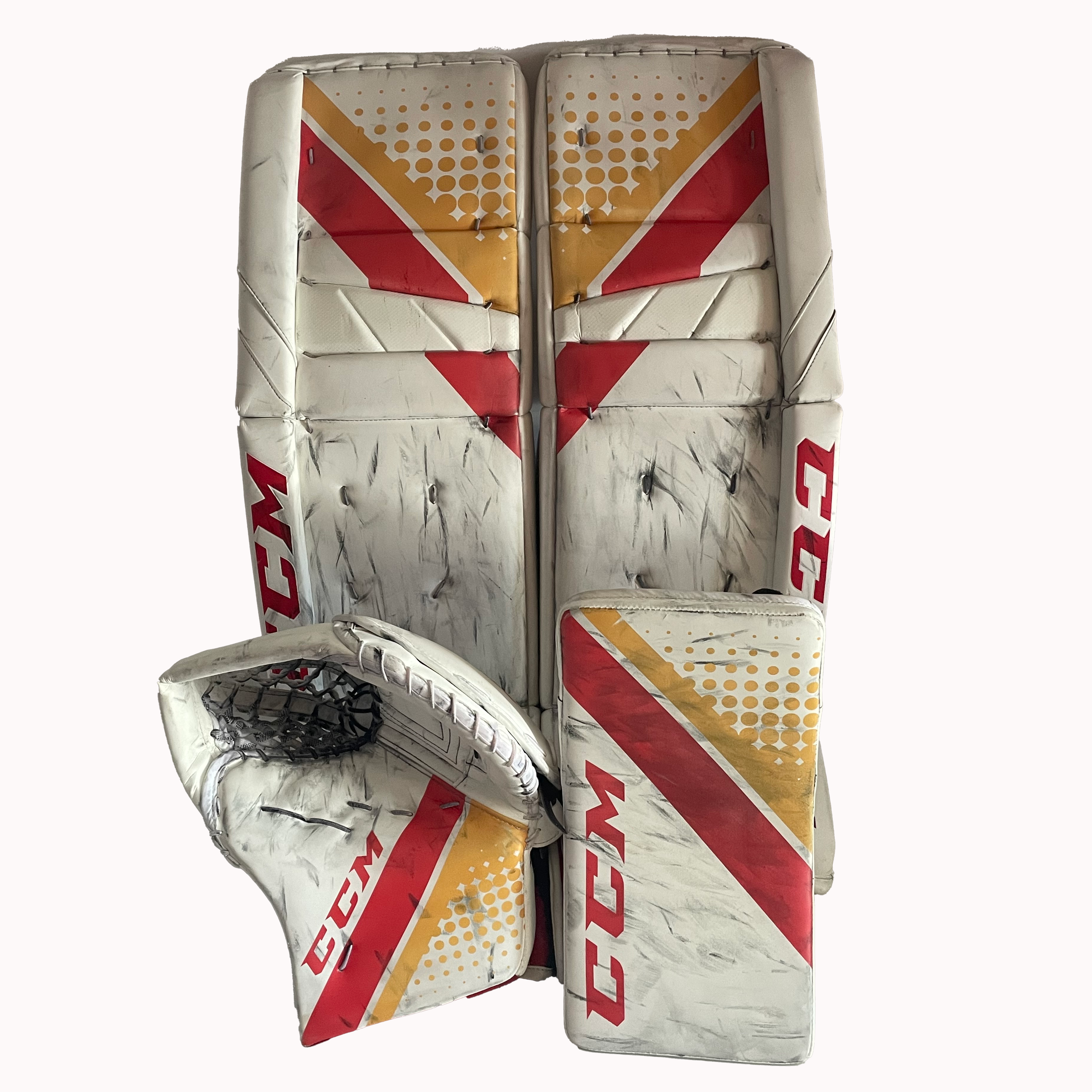 CCM Extreme Flex 5 - Ensemble complet de gardien de but AHL Pro Stock d'occasion (rouge/blanc/jaune)